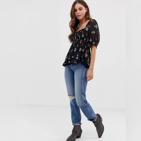 Free People Delta Dawn Floral Print Smocked Mesh Top - Picture 4 of 11